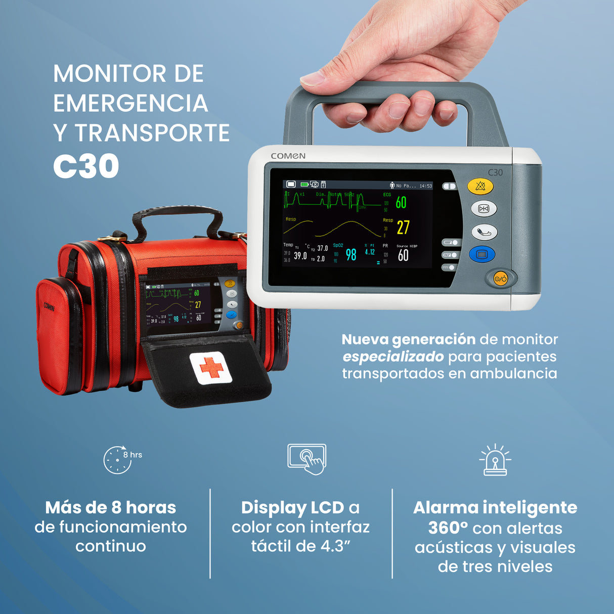 Monitor C30 portátil – ECG, SpO₂, NIBP, temperatura, respiración; IP44 resistente | Marca COMEN