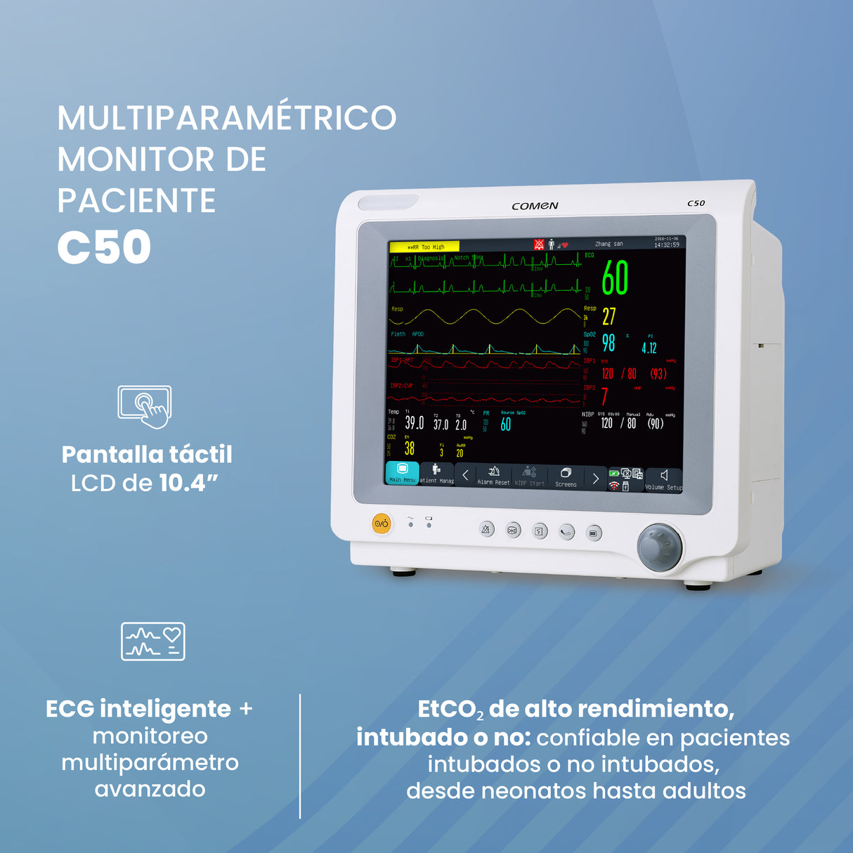 Monitor de Paciente Multiparamétrico (Respiración, NIBP, Sp02, Temperatura sin accesorios, PR) C50 | Marca COMEN