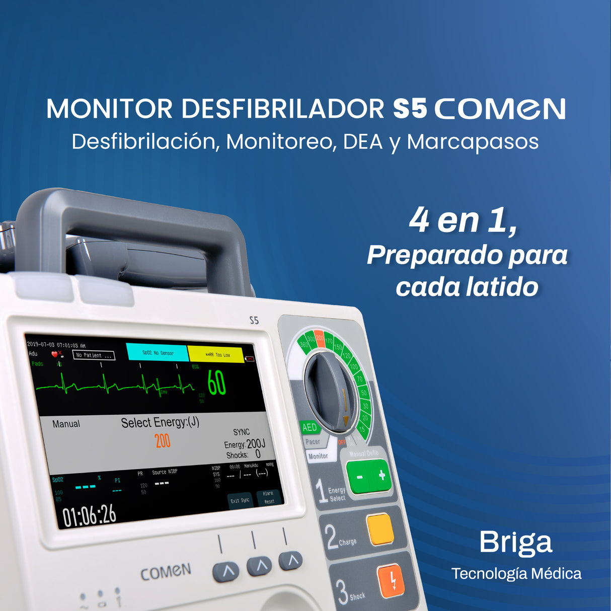 Desfibrilador S5, Monitor de 7″ TFT, modo AED/Manual/Pacing, 360 J bifásico, IP44 | Marca COMEN
