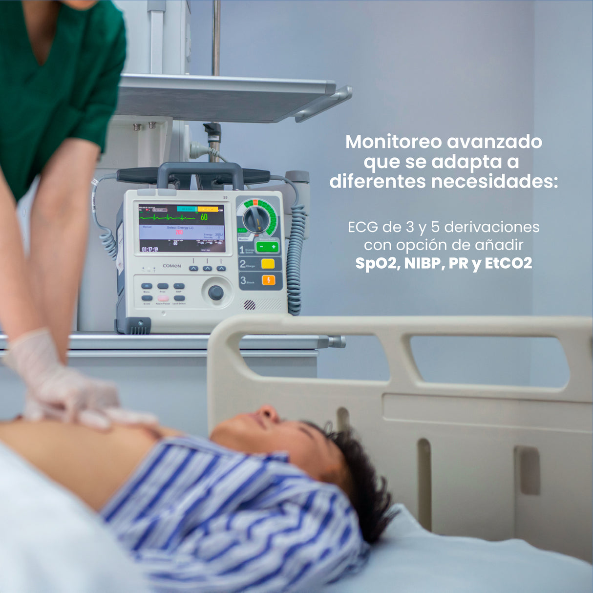 Desfibrilador S5, Monitor de 7″ TFT, modo AED/Manual/Pacing, 360 J bifásico, IP44 | Marca COMEN