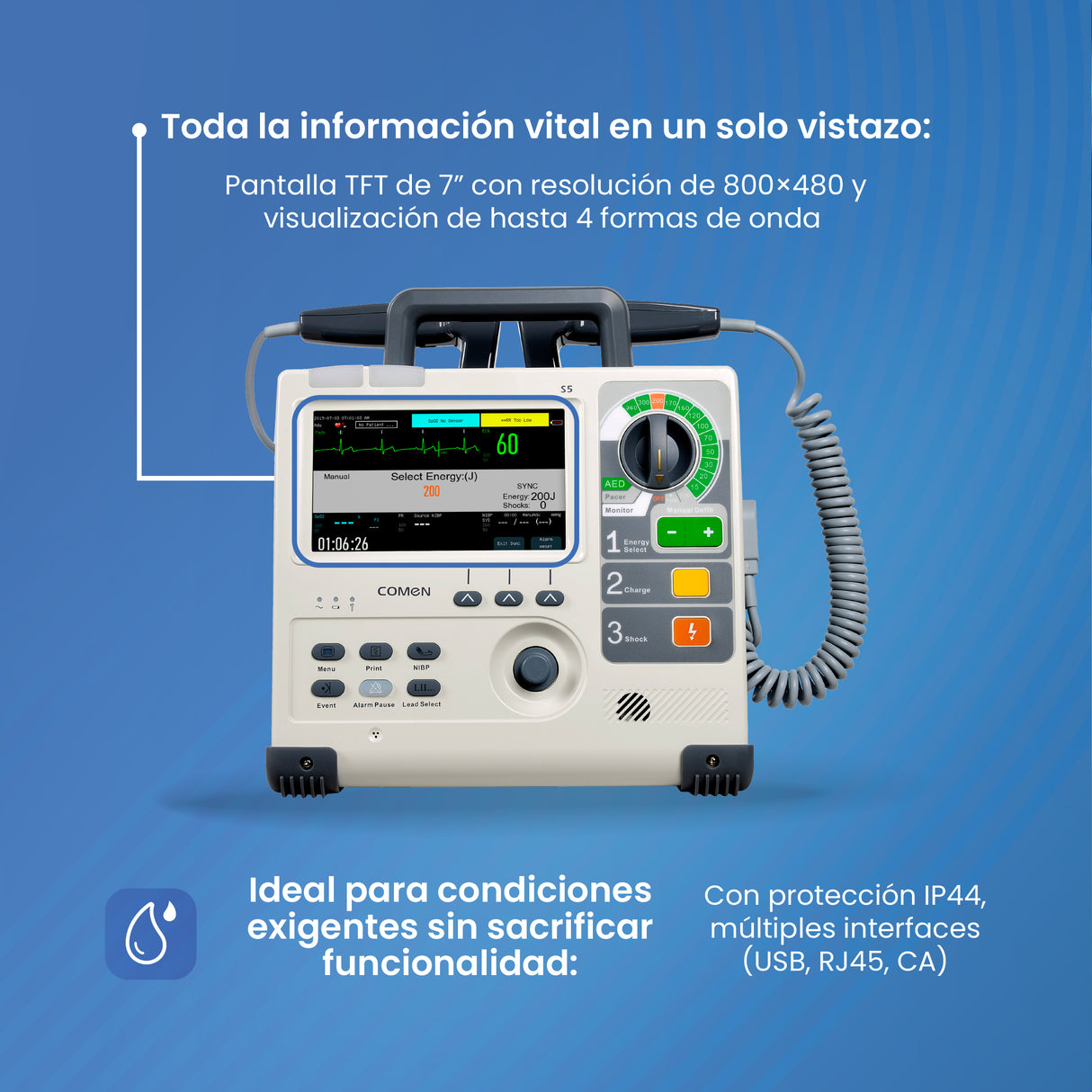 Desfibrilador S5, Monitor de 7″ TFT, modo AED/Manual/Pacing, 360 J bifásico, IP44 | Marca COMEN